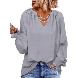 Women Grey Stylish, Elegant Smocked Long Sleeve V Neck Casual Chiffon Shirt Top